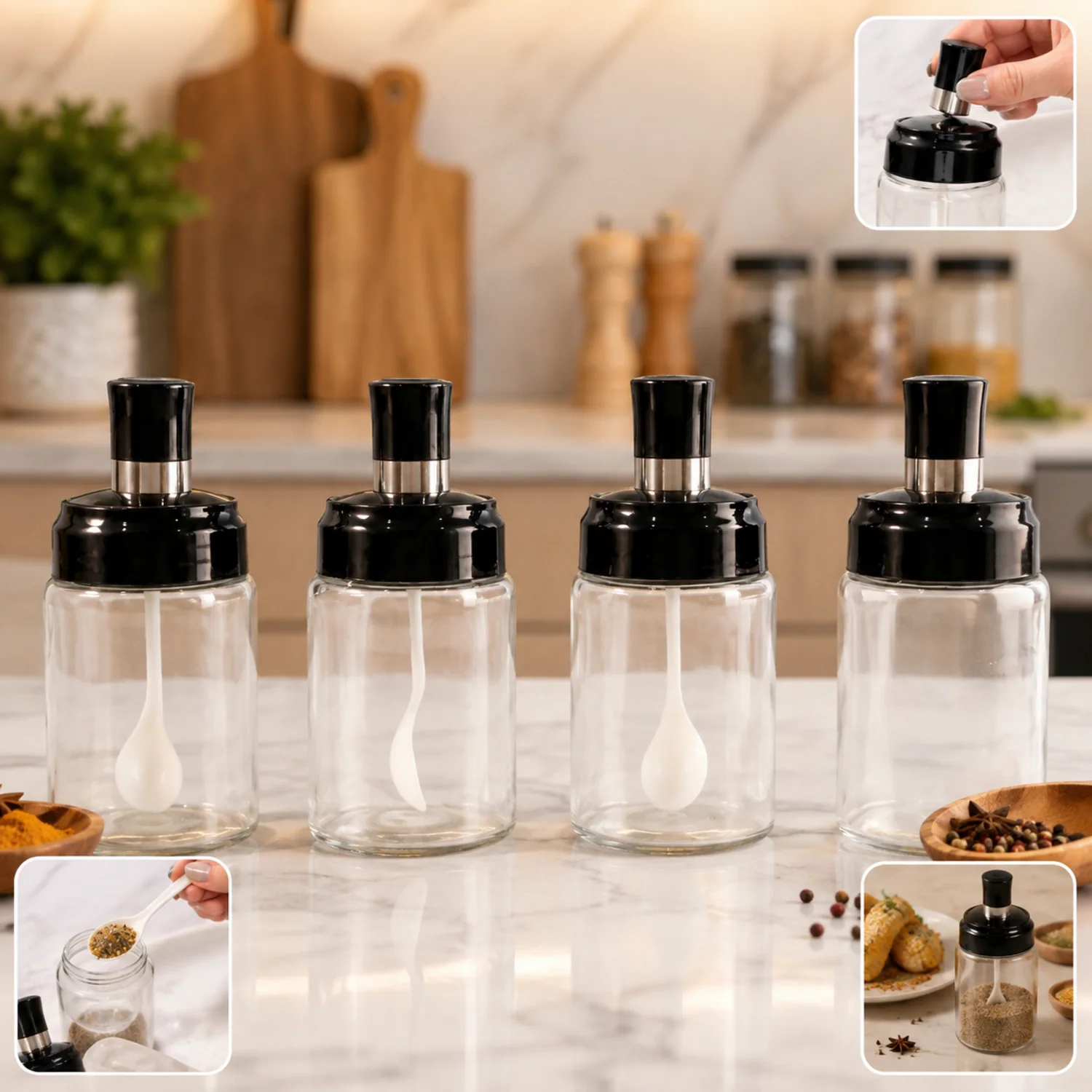 01-10500_transparent_glass_spice_jar_4pc.webp Transparent Spice Jar Set with Spoon – Airtight 4-Pc Container