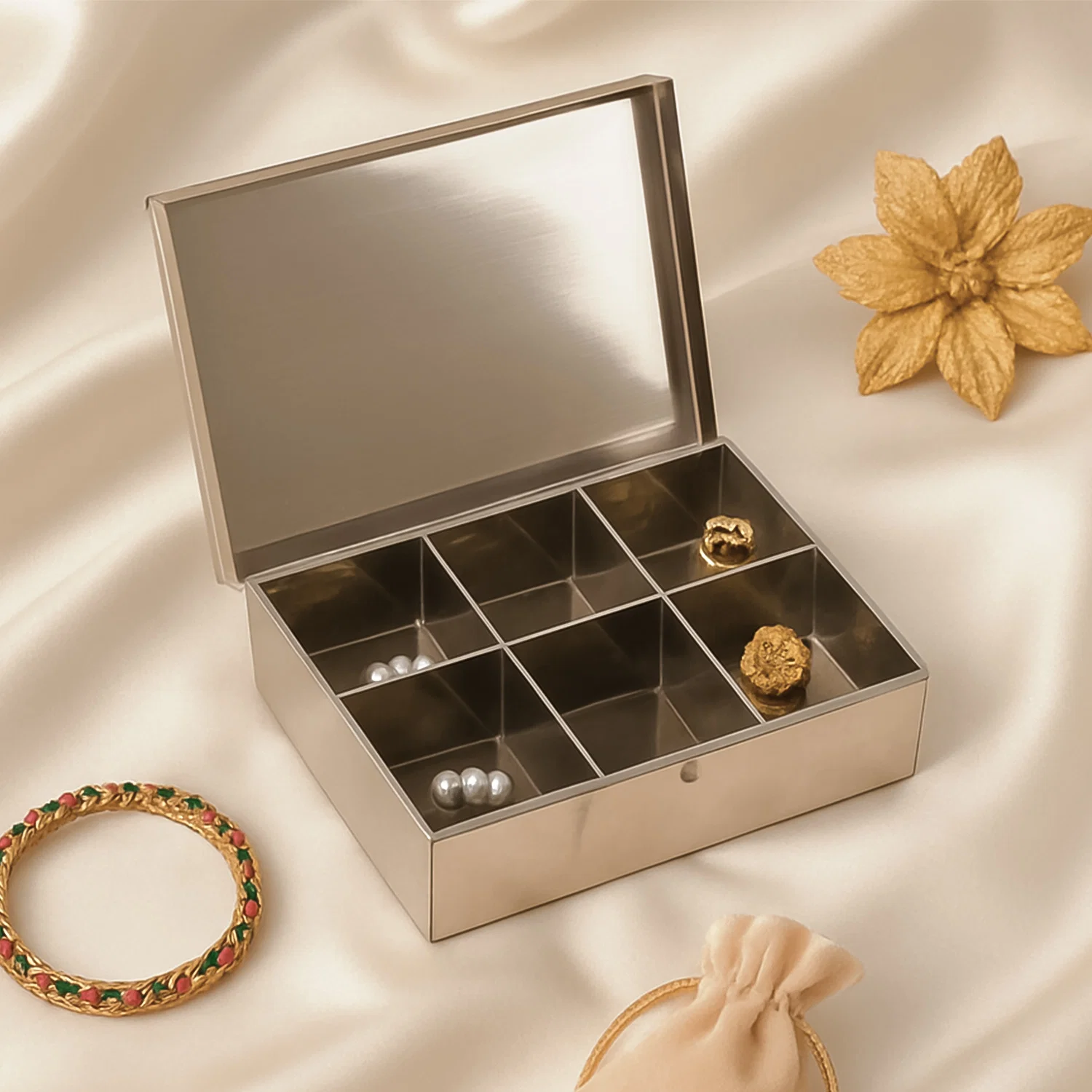 01-14208_koko_ss_jewelry_storage_organizer_box_1pc.webp Stainless Steel Jewelry Organizer – 6-Compartment Storage Box - Jewelry Organizer