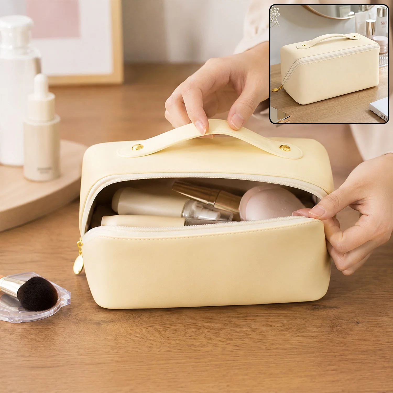 01-14294_cream_zipper_cosmetic_storage_bag.webp Travel Makeup Organizer ? Waterproof Compact Cosmetic Pouch - Travel Pouch
