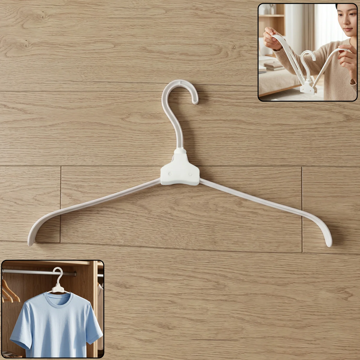 01-7485_plastic_cloth_hanger_1pc.webp Foldable Plastic Clothes Hanger – Space Saving & Travel Friendly – 3PCS - Home Organization