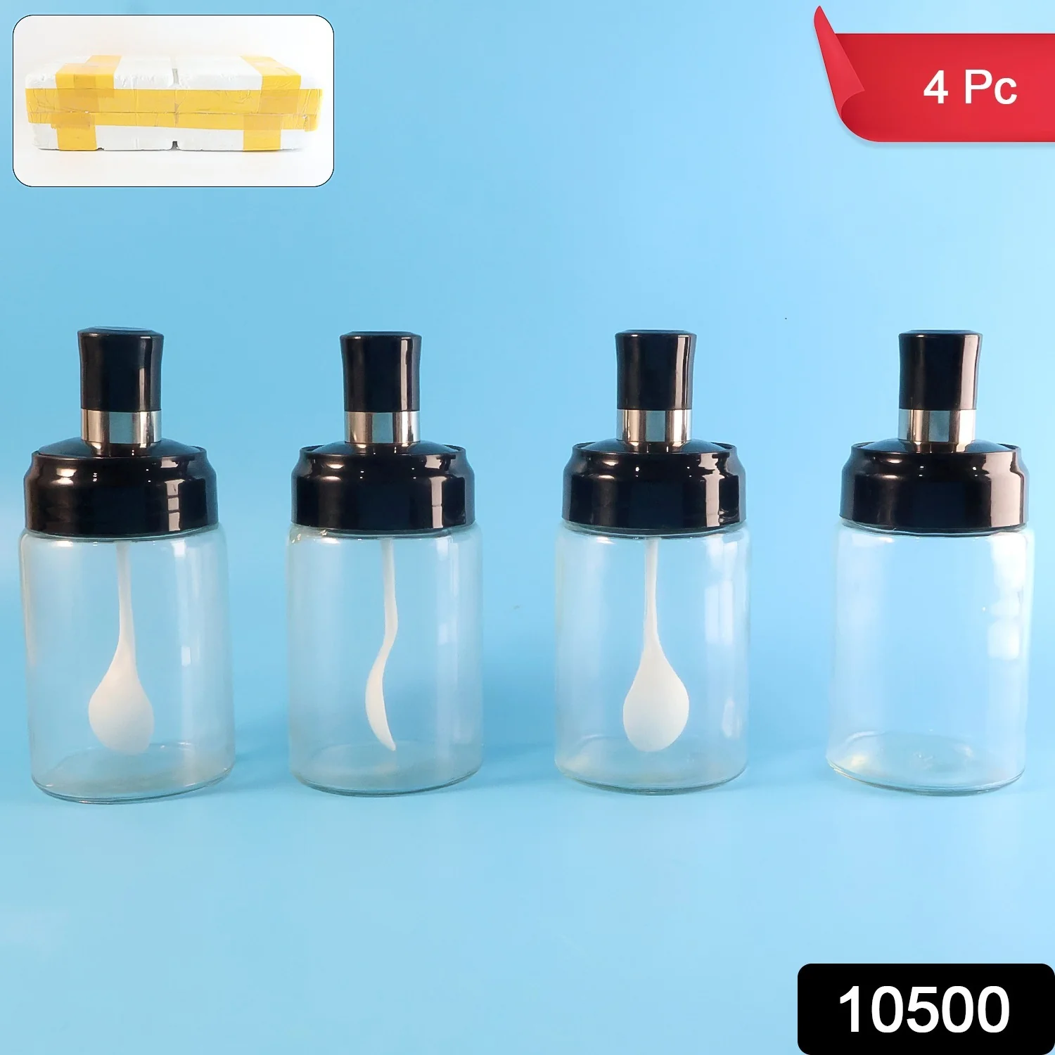 02-10500_transparent_glass_spice_jar_4pc.webp Transparent Spice Jar Set with Spoon – Airtight 4-Pc Container - Image 2