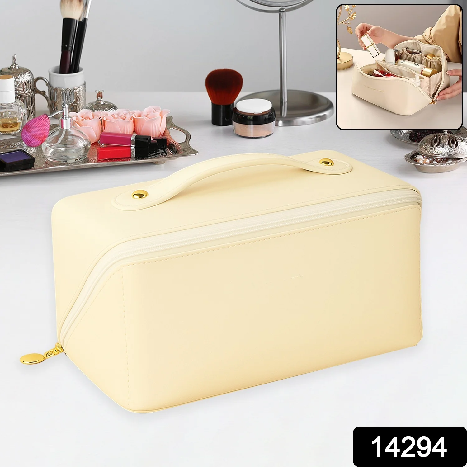 02-14294_cream_zipper_cosmetic_storage_bag.webp Travel Makeup Organizer ? Waterproof Compact Cosmetic Pouch - Travel Pouch product image 2