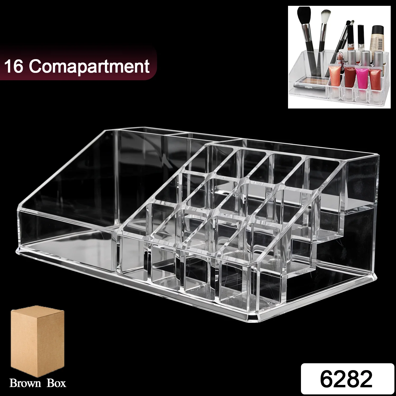 02-6282_16com_cosmetic_stand_1pc.webp Acrylic Makeup Organizer ? 16 Clear Compartments for Cosmetics - Makeup Organizer product image 2