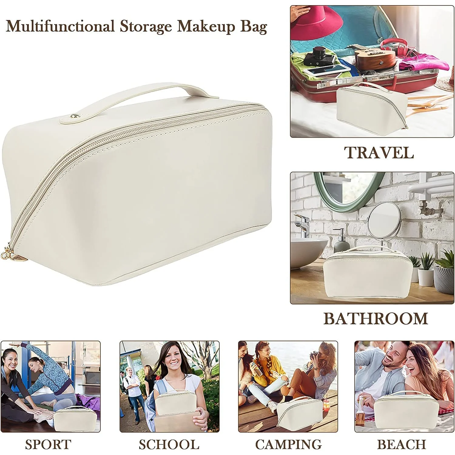 03-14294_cream_zipper_cosmetic_storage_bag.webp Travel Makeup Organizer ? Waterproof Compact Cosmetic Pouch - Travel Pouch product image 3
