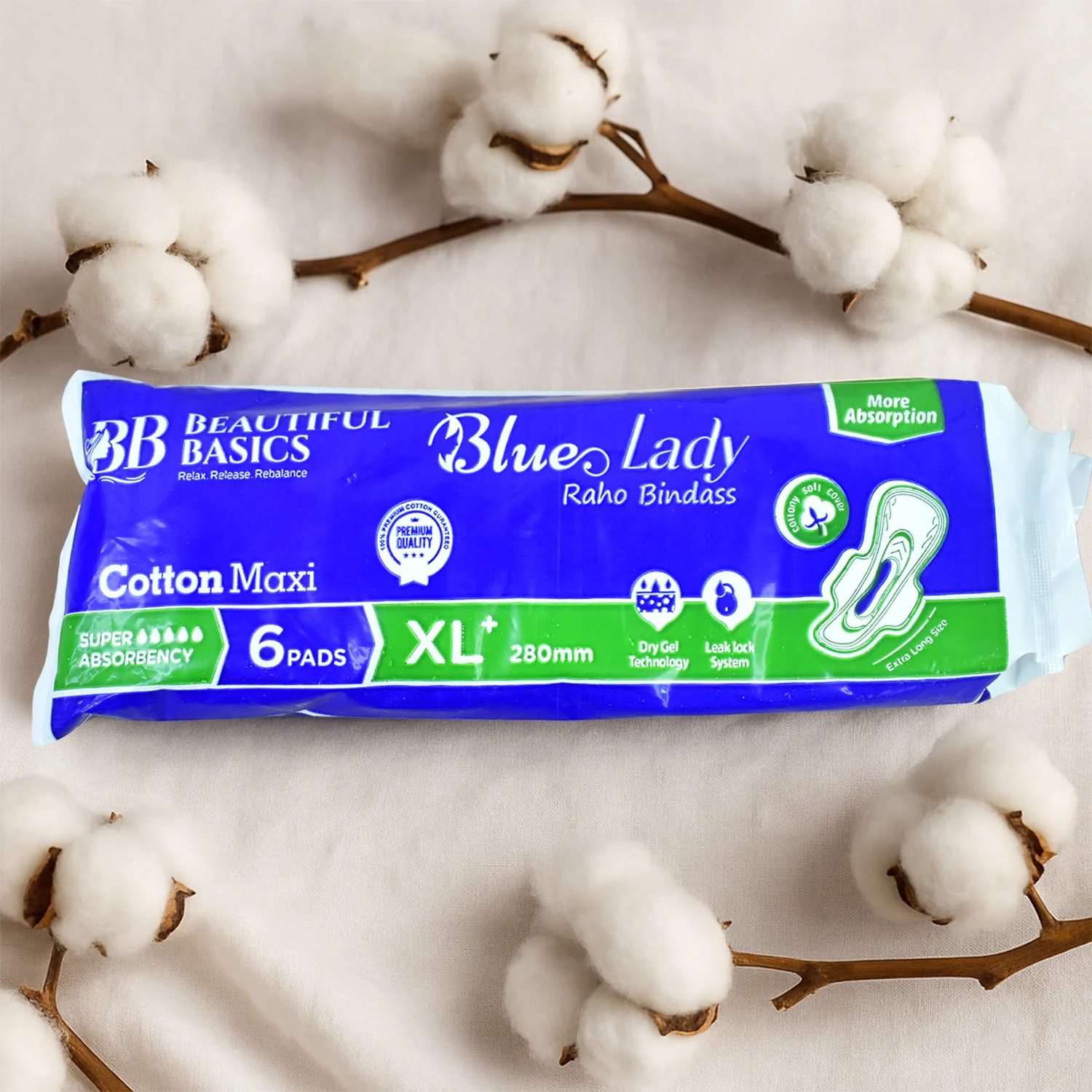 03-14730_bb_blue_cotton_maxi_xl_sanitary_pads_6pc.webp Blue Lady XL Sanitary Pads 280mm – Heavy Flow Protection- 2 PACK- 12 PADS - Sanitary Pads product image 3