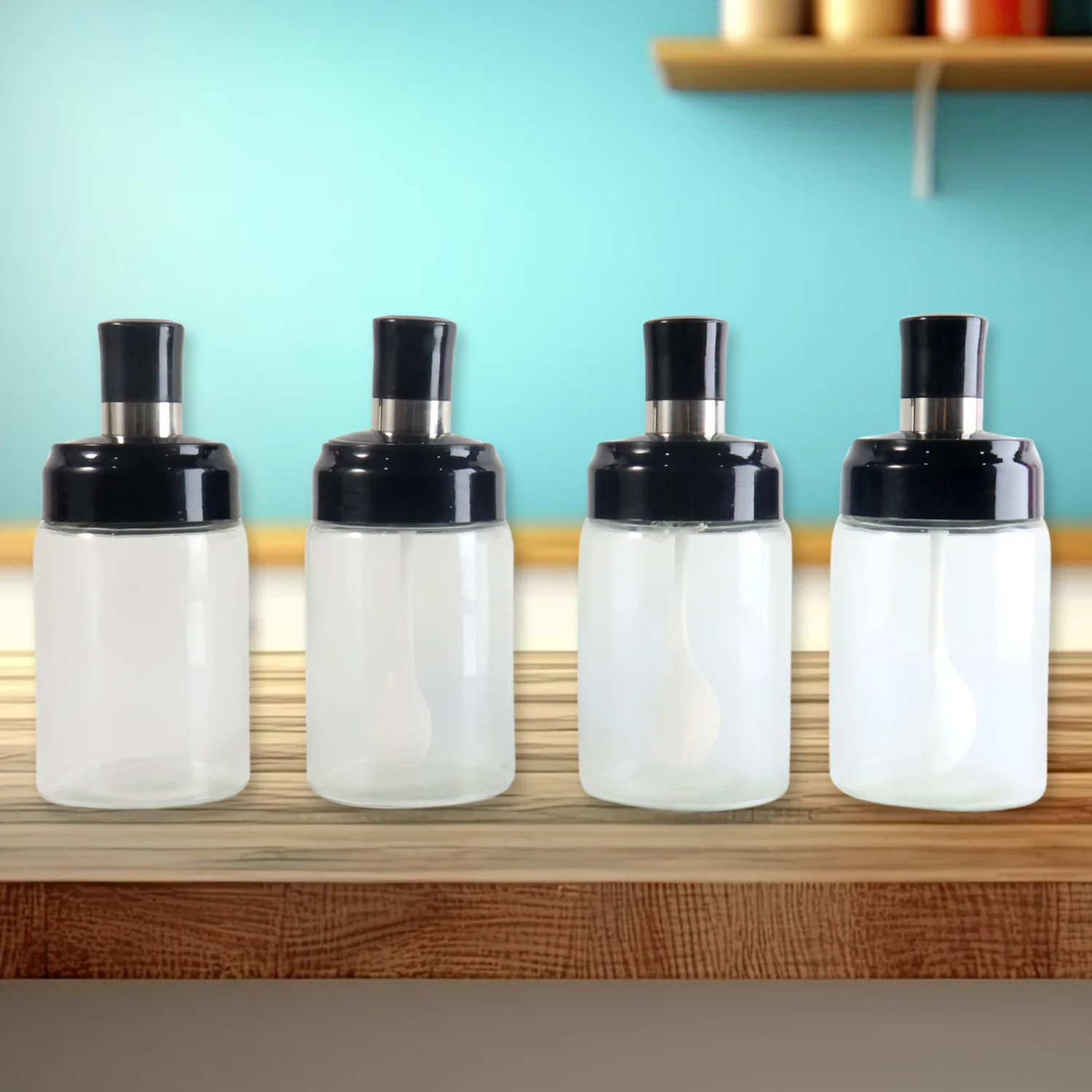 04-10500_transparent_glass_spice_jar_4pc.webp Transparent Spice Jar Set with Spoon – Airtight 4-Pc Container - Image 4