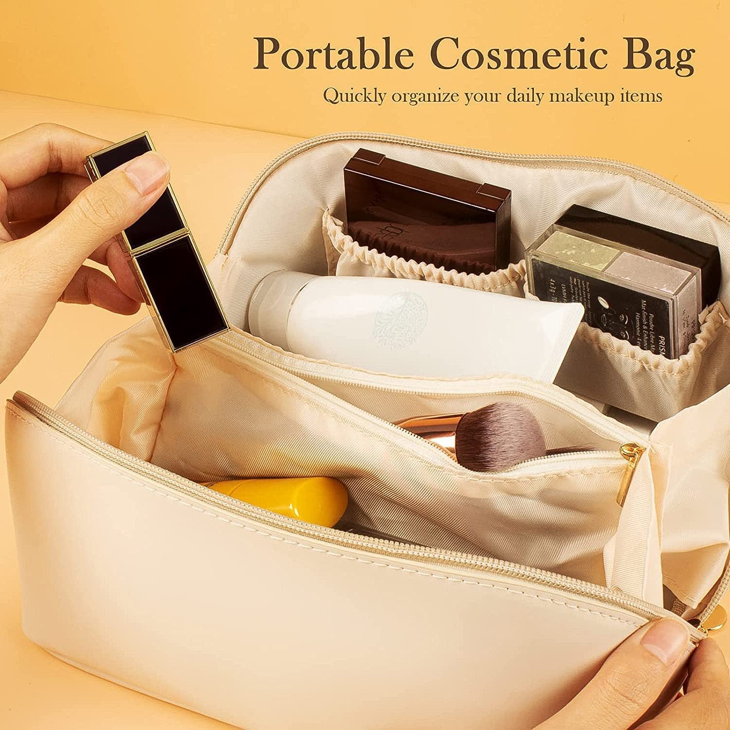04-14294_cream_zipper_cosmetic_storage_bag.jpg Travel Makeup Organizer ? Waterproof Compact Cosmetic Pouch - Travel Pouch product image 4