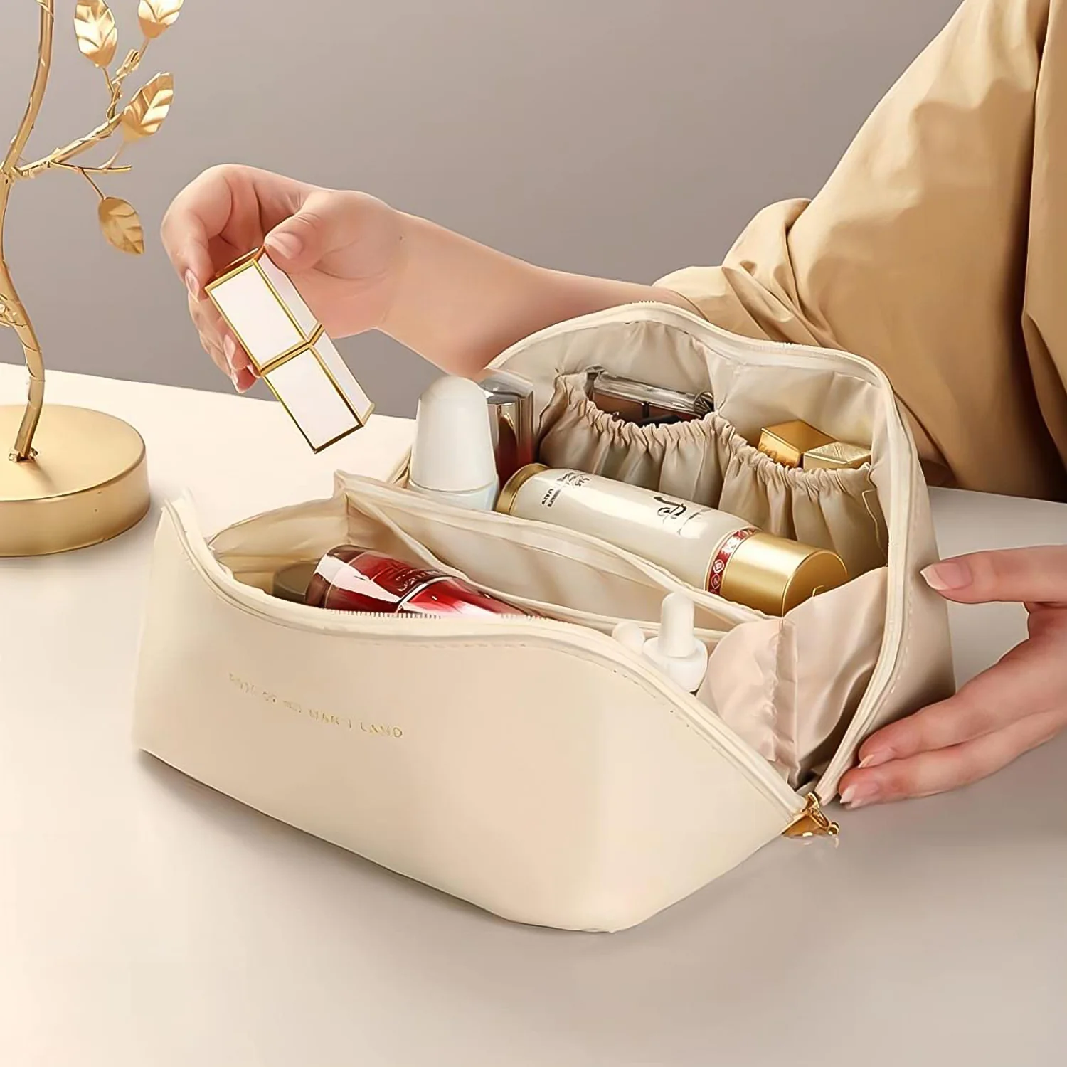 06-14294_cream_zipper_cosmetic_storage_bag.webp Travel Makeup Organizer ? Waterproof Compact Cosmetic Pouch - Travel Pouch product image 6
