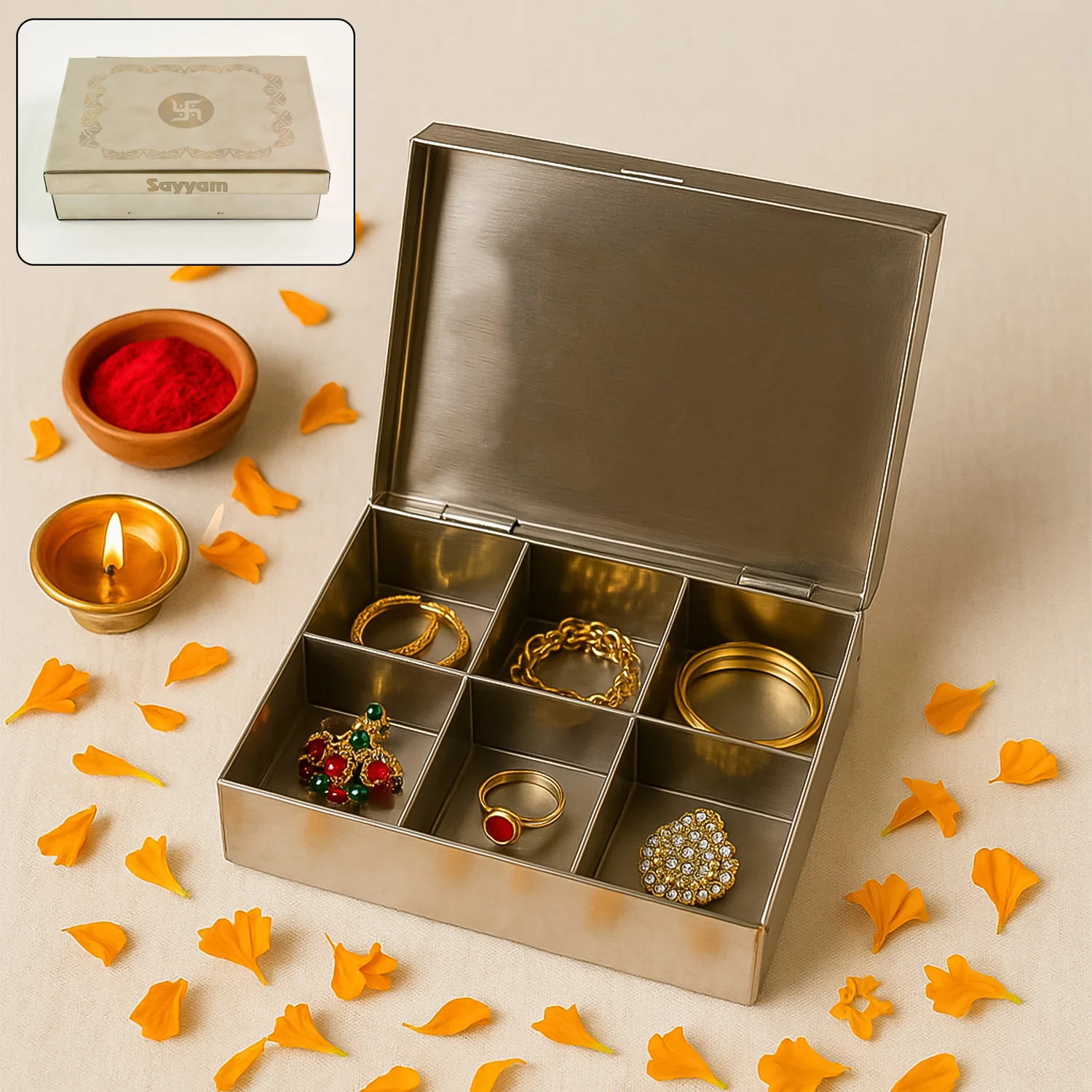 07-14208_koko_ss_jewelry_storage_organizer_box_1pc.webp Stainless Steel Jewelry Organizer – 6-Compartment Storage Box - Jewelry Organizer product image 7
