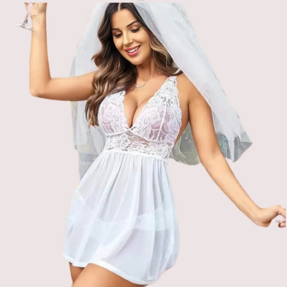 ZhYAnoGIkhPXjUoIlfbyhgeGnO6YHCBevrHrrYjK.jpg Bridal White Lace & Sheer Babydoll Nightwear - Image 4