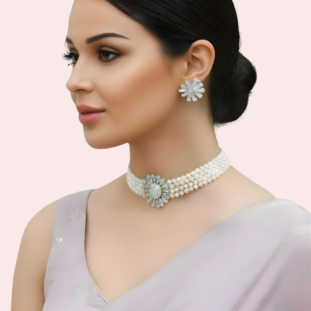 eGHe1S7AOEYfAwwaQmqz3Gbn7HHcOxoHb5eQ6jYB.png Classic White Pearl Choker Necklace & Floral Earrings Set