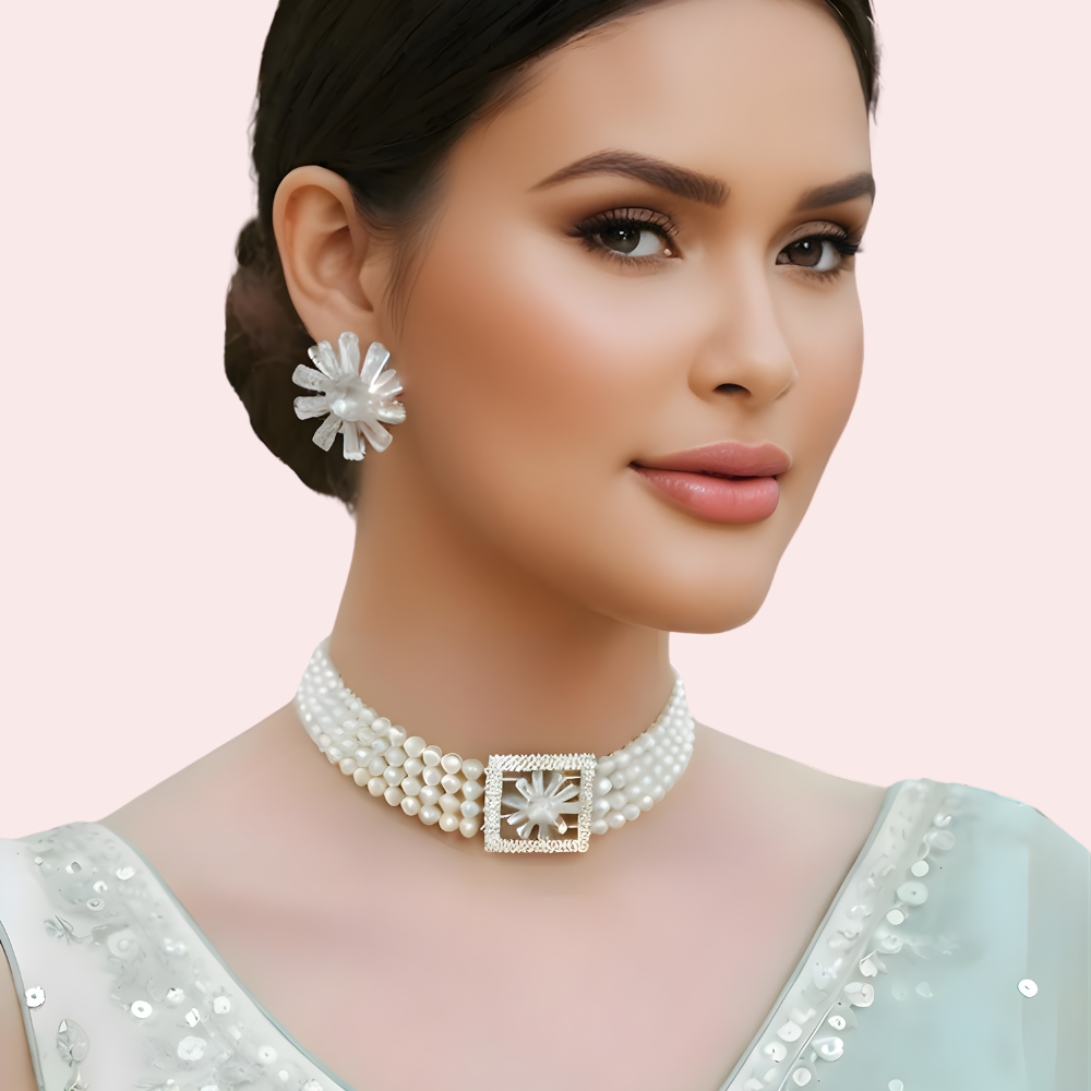 sGe64LCVFmoizgmGO7cN30sAbwo4HqYcSCK6sVkh.png Ivory Pearl Choker Necklace & Floral Statement Earrings Set