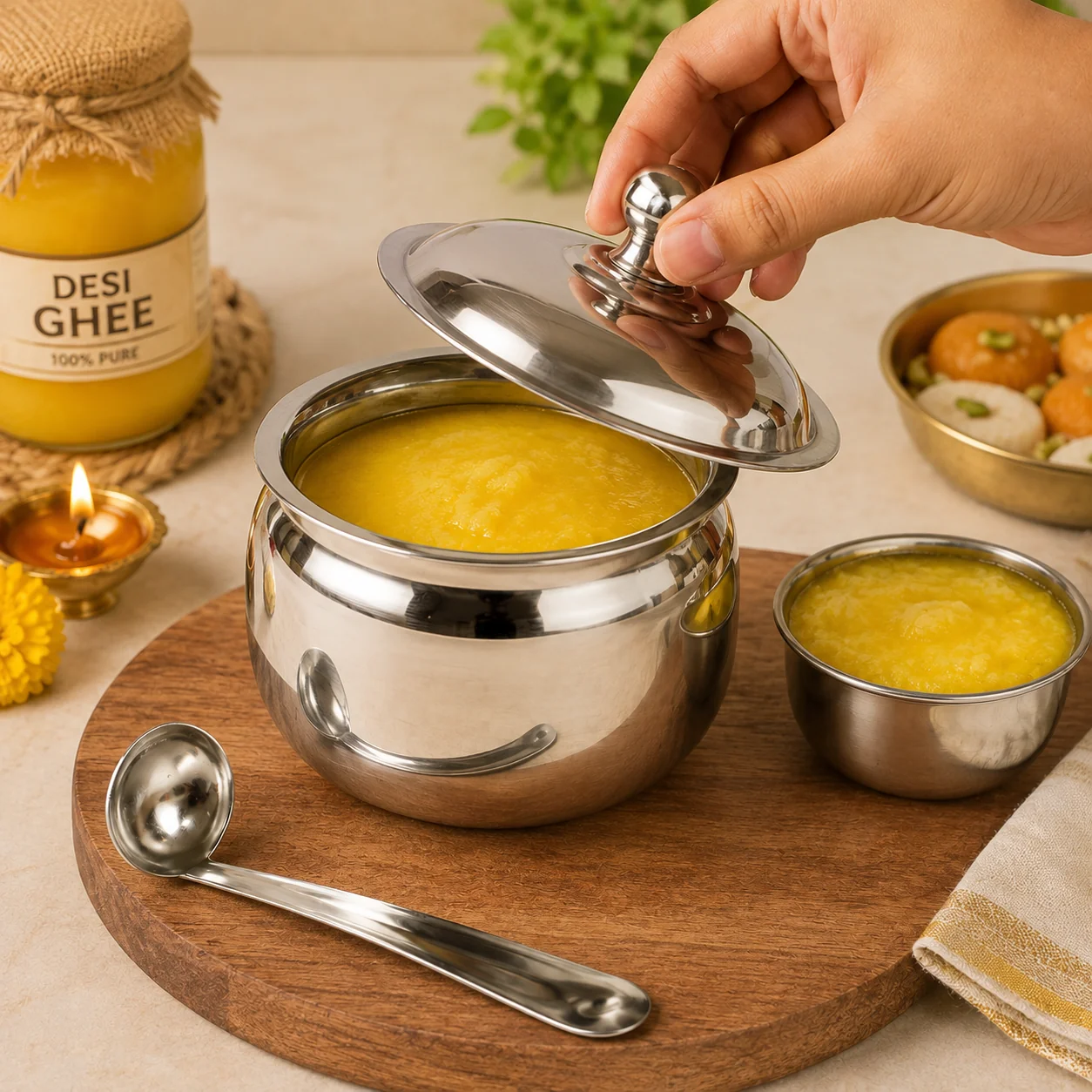 01-8274_koko_ss_ghee_pot_with_lid_n_spoon.webp Stainless Steel Ghee Pot with Lid & Spoon – Mirror Finish - Ghee Pot