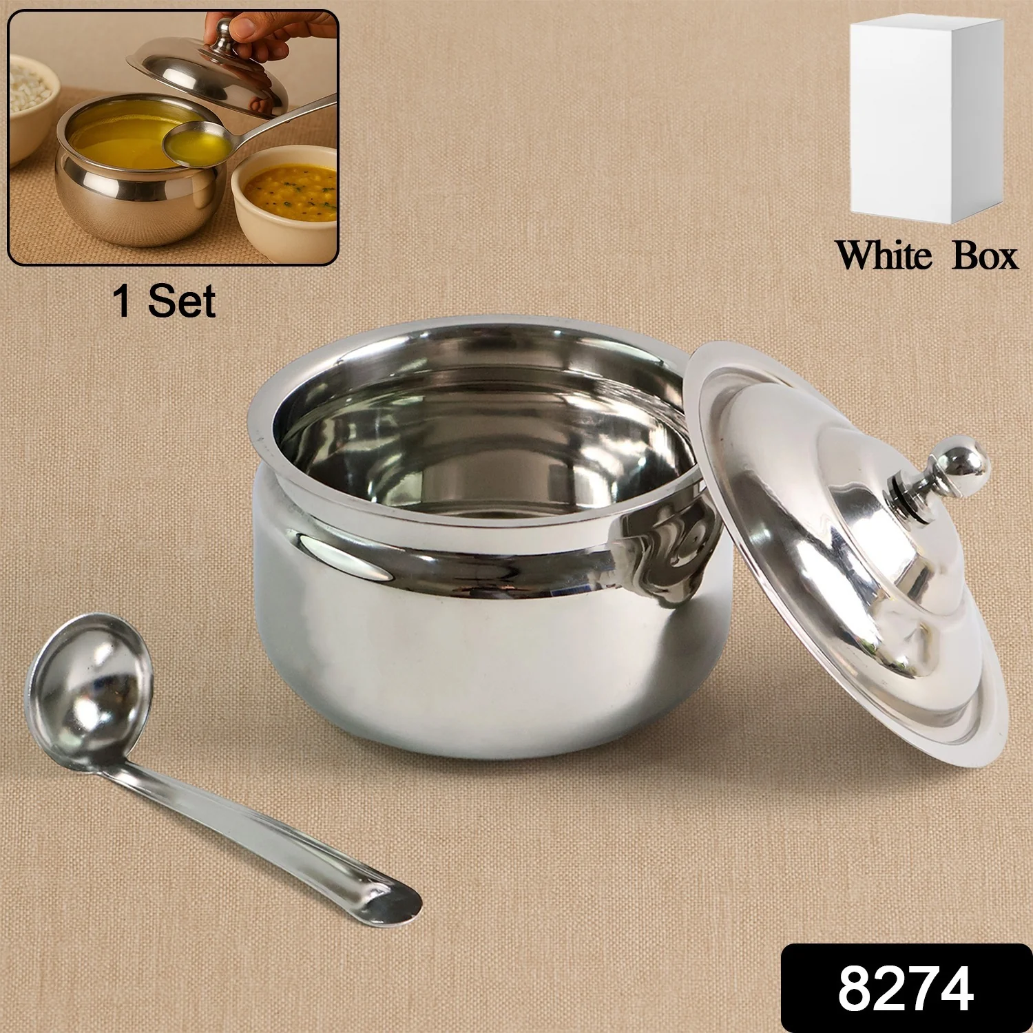 02-8274_koko_ss_ghee_pot_with_lid_n_spoon.webp Stainless Steel Ghee Pot with Lid & Spoon – Mirror Finish - Ghee Pot product image 2
