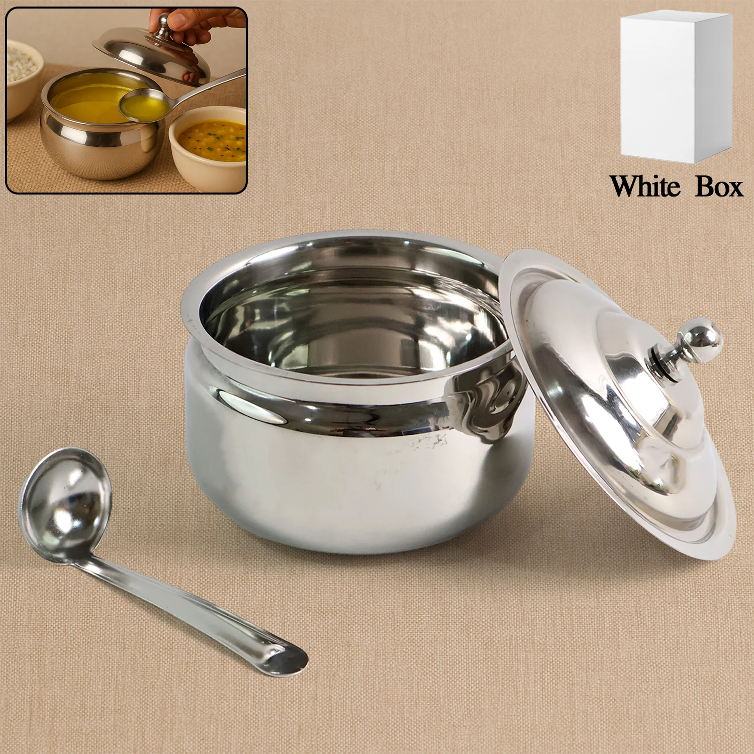 03-8274_koko_ss_ghee_pot_with_lid_n_spoon.webp Stainless Steel Ghee Pot with Lid & Spoon – Mirror Finish - Ghee Pot product image 3