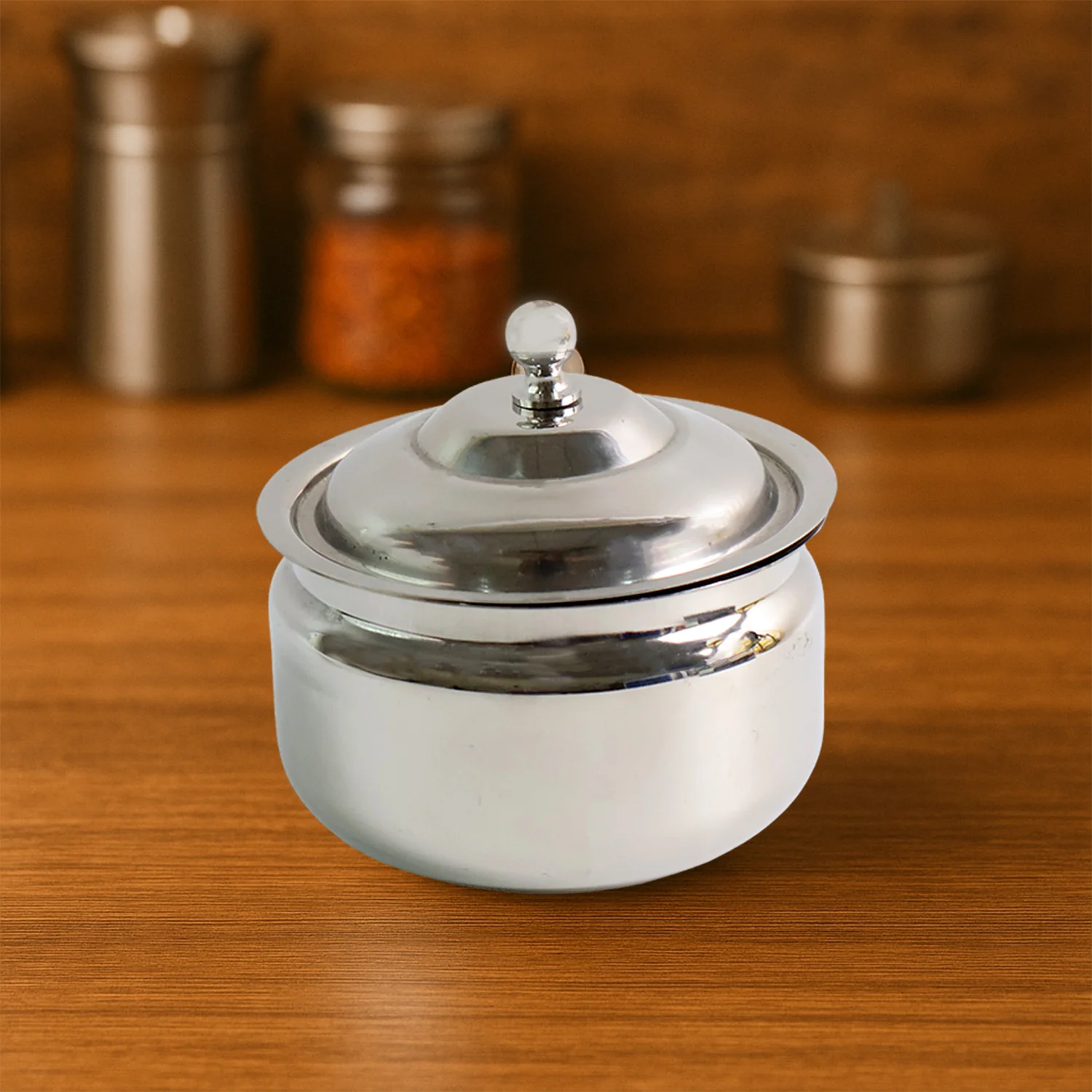 05-8274_koko_ss_ghee_pot_with_lid_n_spoon.webp Stainless Steel Ghee Pot with Lid & Spoon – Mirror Finish - Ghee Pot product image 5
