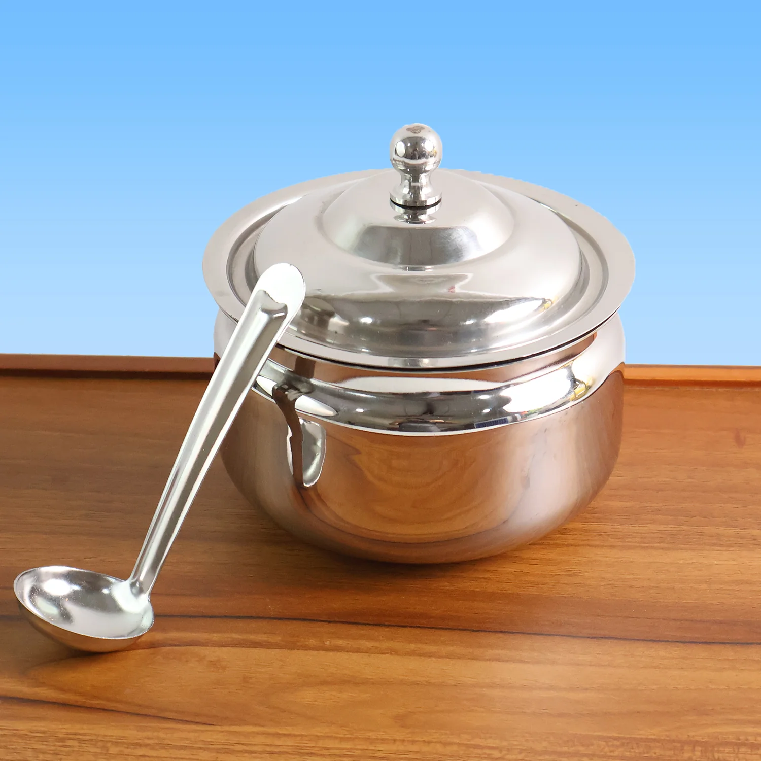 07-8274_koko_ss_ghee_pot_with_lid_n_spoon.webp Stainless Steel Ghee Pot with Lid & Spoon – Mirror Finish - Ghee Pot product image 7